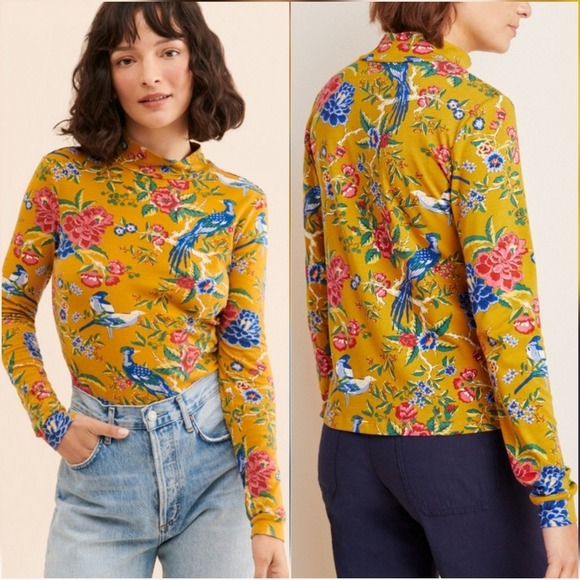 Anthropologie New Maeve Yellow Floral Bird Novelty Knit Turtleneck Top SZ XL - Picture 5 of 14
